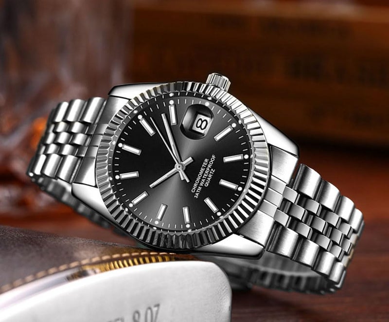 SENRUD Men's Classic Design Analog Quartz Watches Fashion Business Watch Stainless Steel Waterproof Date Casual Wrist Watch for Men (Silver Black) - Image 3