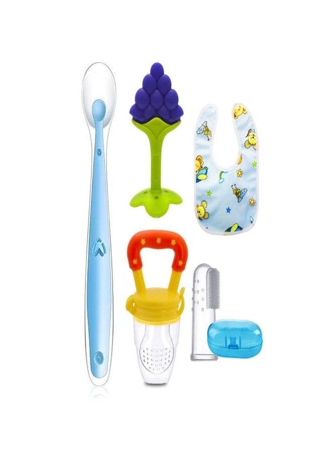 ROFORUF Baby Silicone Spoon Combo with Fruit Shape Teether, Anti-Choking Fruit Feeder Pacifier, Finger Toothbrush with Case & Spill-Proof Bib | Infant Weaning Kit for 0 to 36 months babies | Newborn to Toddler Essentials - Image 1
