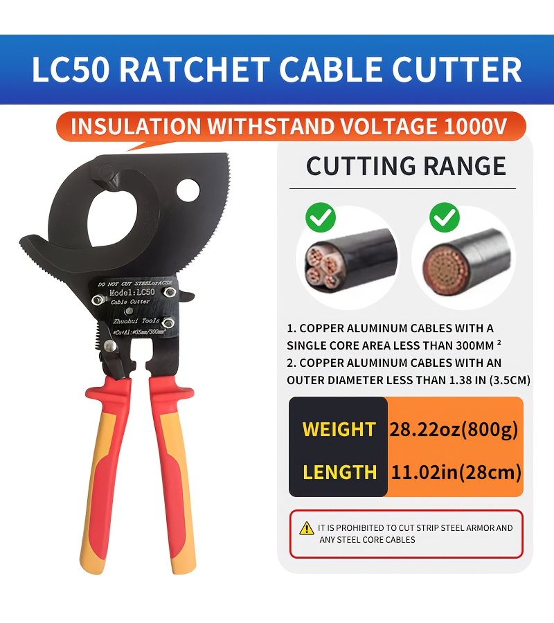 LC50 Ratchet Cable Cutter Shear Wire Pliers Electricians Manual Cutting Tool - Image 3