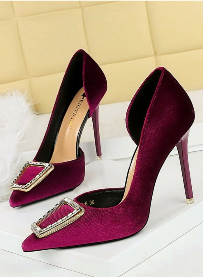 BIGTREE Women's Velour Closed Pointed Toe High Heels Party Stiletto Pumps Purple 10.5CM  - Image 1