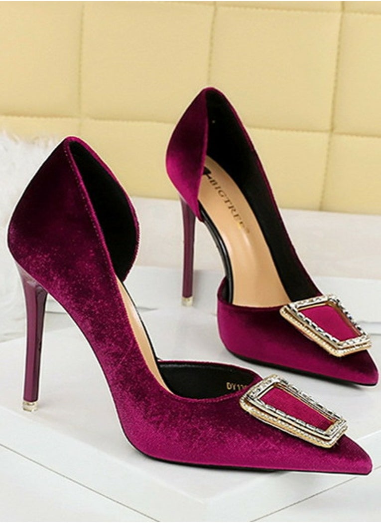 BIGTREE Women's Velour Closed Pointed Toe High Heels Party Stiletto Pumps Purple 10.5CM  - Image 2