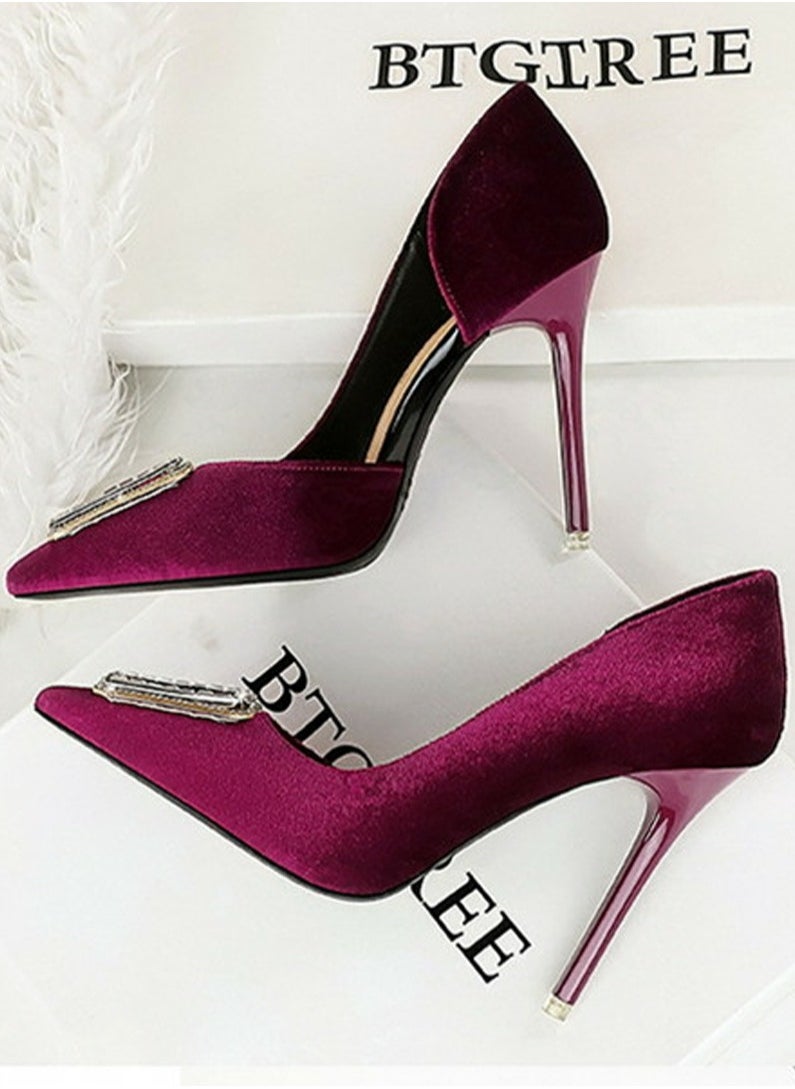 BIGTREE Women's Velour Closed Pointed Toe High Heels Party Stiletto Pumps Purple 10.5CM  - Image 3
