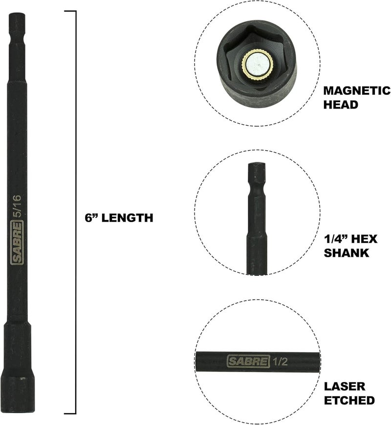 Sabre Tools 5/16 Inch Impact Magnetic Nut Driver – 6 Inch Length, 1/4 Inch Hex Shank, Magnetic Socket Tip (5/16” SAE) - Image 2
