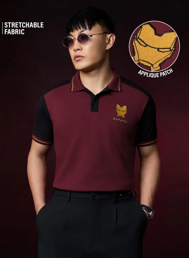 The Souled Store Iron Man Embroidered Polo T-Shirt - Burgundy
