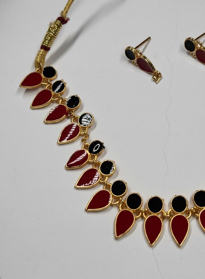 ISK Moti Necklace & Earring Set for Women, Red Beaded with Gold Tone Lotus Pendant, Pearl Accents, Wedding Jewelry (M7) - Image 3