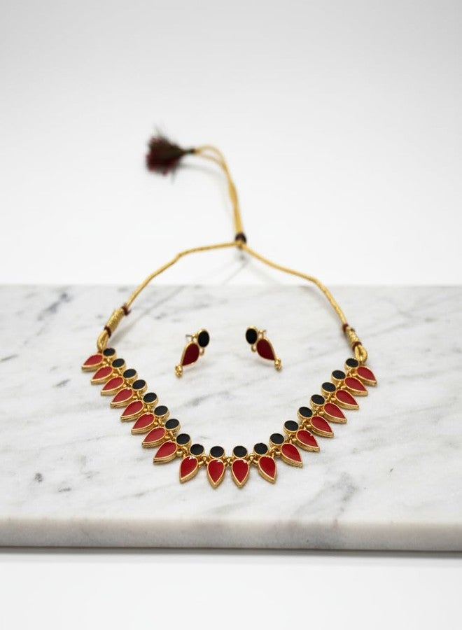 ISK Moti Necklace & Earring Set for Women, Red Beaded with Gold Tone Lotus Pendant, Pearl Accents, Wedding Jewelry (M7) - Image 2