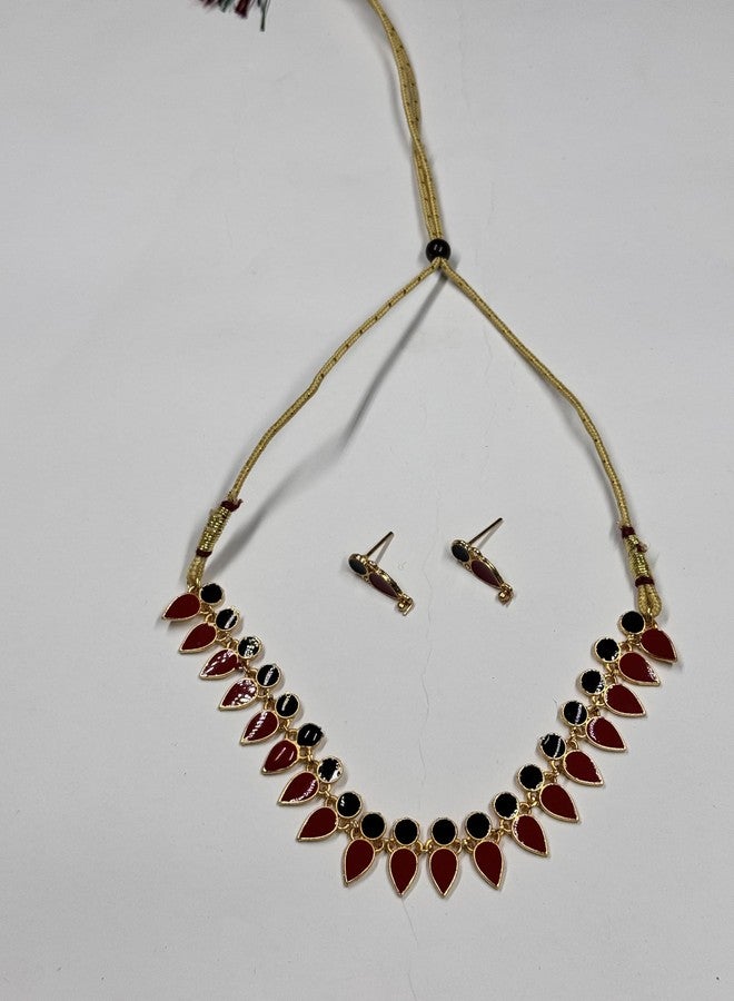 ISK Moti Necklace & Earring Set for Women, Red Beaded with Gold Tone Lotus Pendant, Pearl Accents, Wedding Jewelry (M7) - Image 1