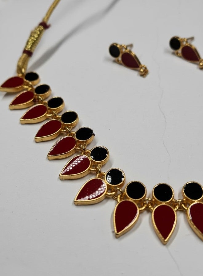 ISK Moti Necklace & Earring Set for Women, Red Beaded with Gold Tone Lotus Pendant, Pearl Accents, Wedding Jewelry (M7) - Image 5