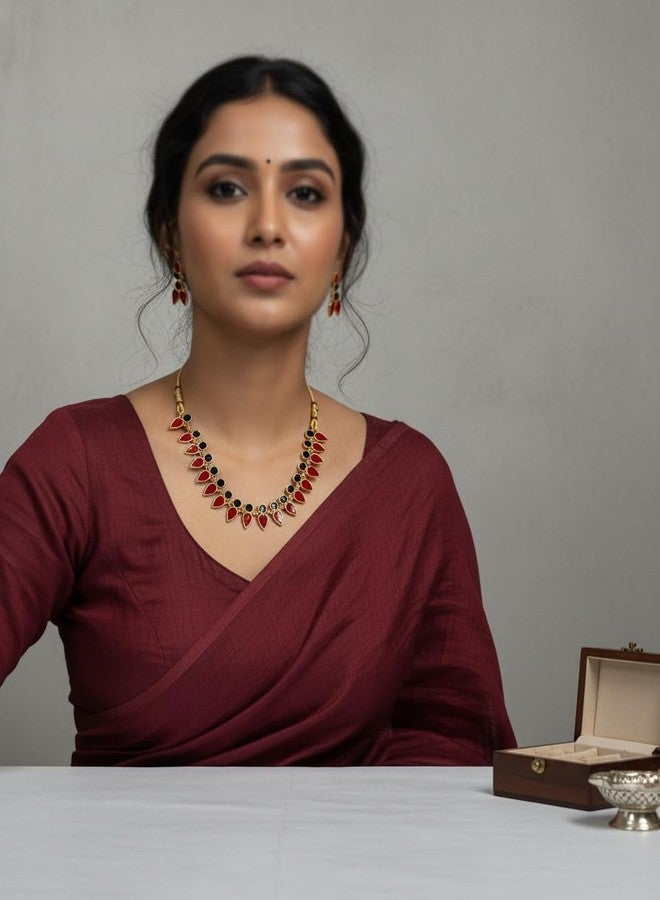 ISK Moti Necklace & Earring Set for Women, Red Beaded with Gold Tone Lotus Pendant, Pearl Accents, Wedding Jewelry (M7) - Image 4