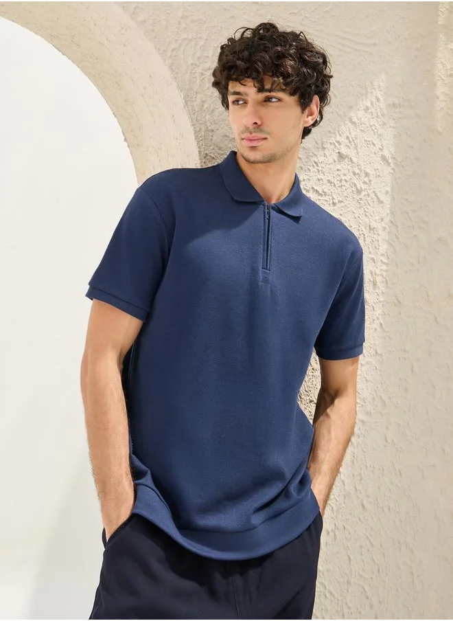 Styli Textured Concealed Zipper Relaxed Polo T-Shirt