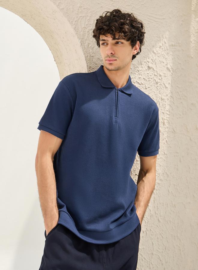 Styli Textured Concealed Zipper Relaxed Polo T-Shirt  - Image 1