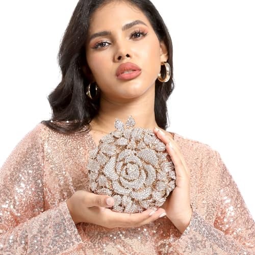 Boutique De FGG حقيبة كلاتش كريستال زهور وردية دائرية من بوتيك دي FGG للنساء، حقائب رسمية لحفلات الزفاف، حقائب يد للحفلات، صغيرة، ذهبية - Image 3
