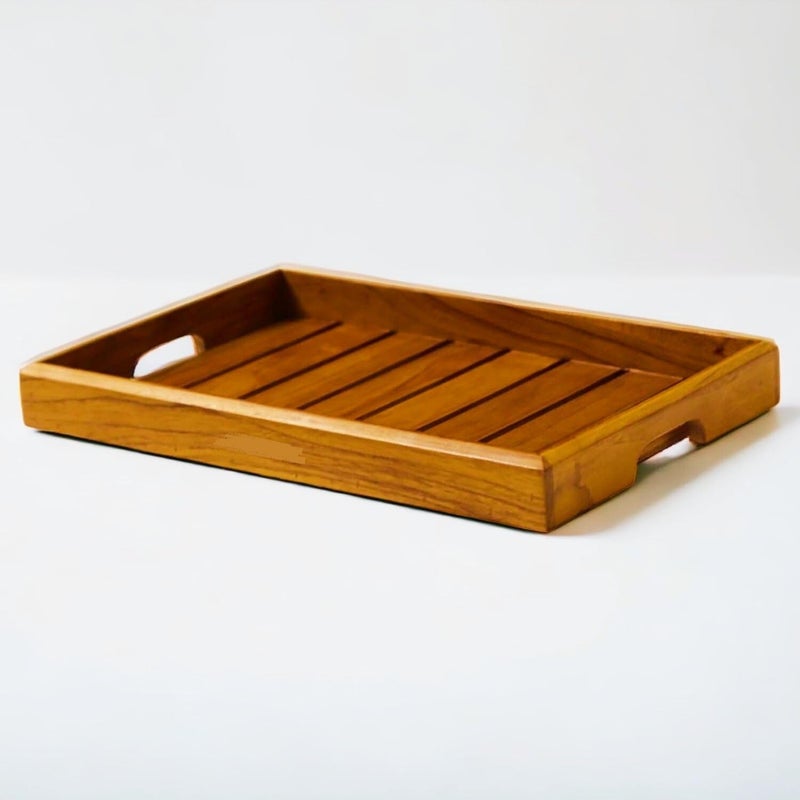 Lazybeee Large Teak Wood Rectangular Serving Tray - Premium Wooden Tray for Home, Kitchen, Office, and Restaurant - Handcrafted in India - 38 x 26 x 4 cm - Image 1