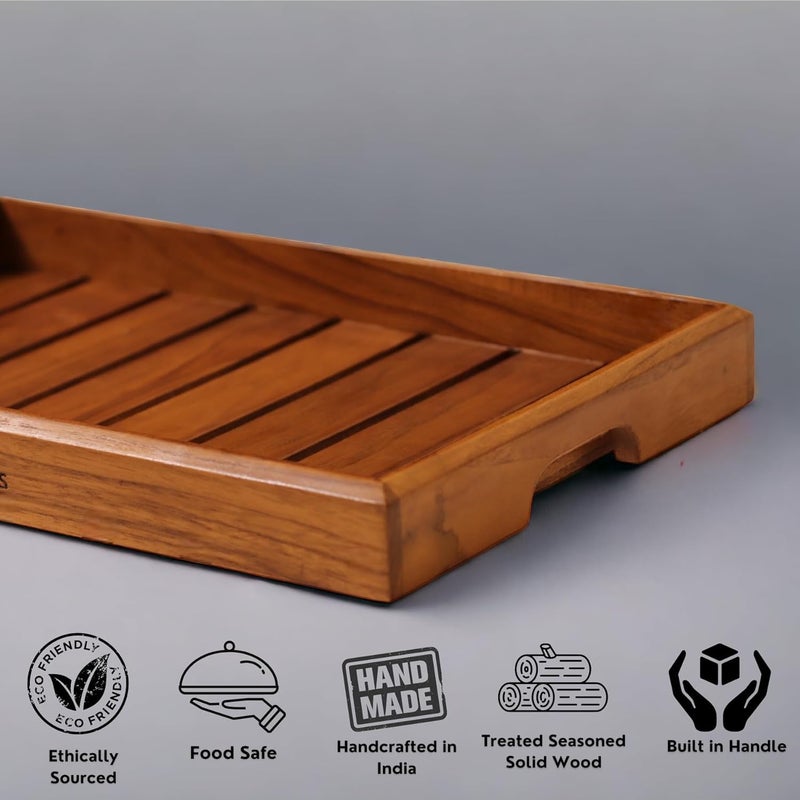 Lazybeee Large Teak Wood Rectangular Serving Tray - Premium Wooden Tray for Home, Kitchen, Office, and Restaurant - Handcrafted in India - 38 x 26 x 4 cm - Image 3