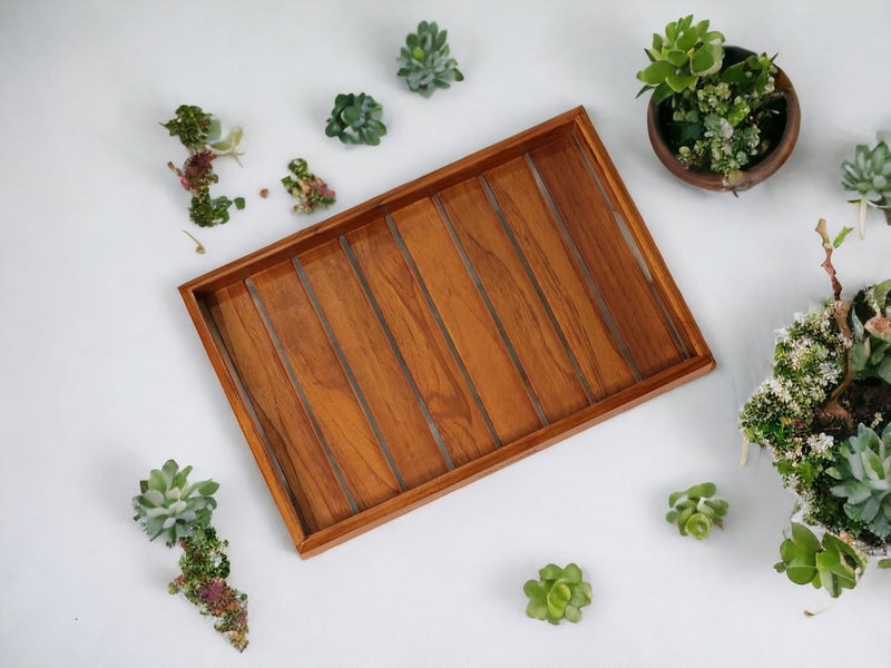 Lazybeee Large Teak Wood Rectangular Serving Tray - Premium Wooden Tray for Home, Kitchen, Office, and Restaurant - Handcrafted in India - 38 x 26 x 4 cm - Image 4