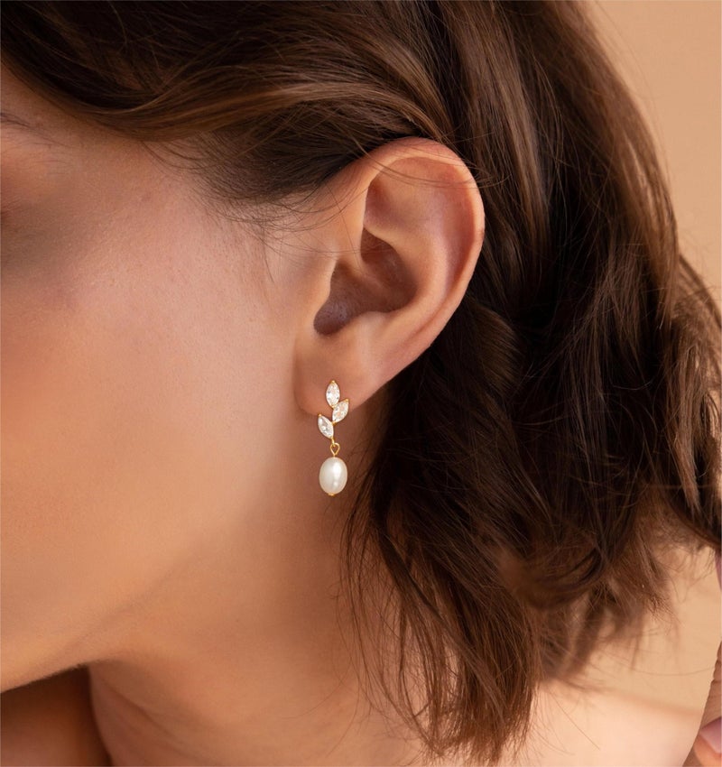 Tituthia Dainty Gold Pearl Earrings for Women, Trendy 14k Gold Filled Freshwater Diamond Leaf Pearl Dangle Drop Earrings Lightweight Hypoallergenic Bridesmaid Earring Wedding Statement Jewelry for Women Gifts - Image 2