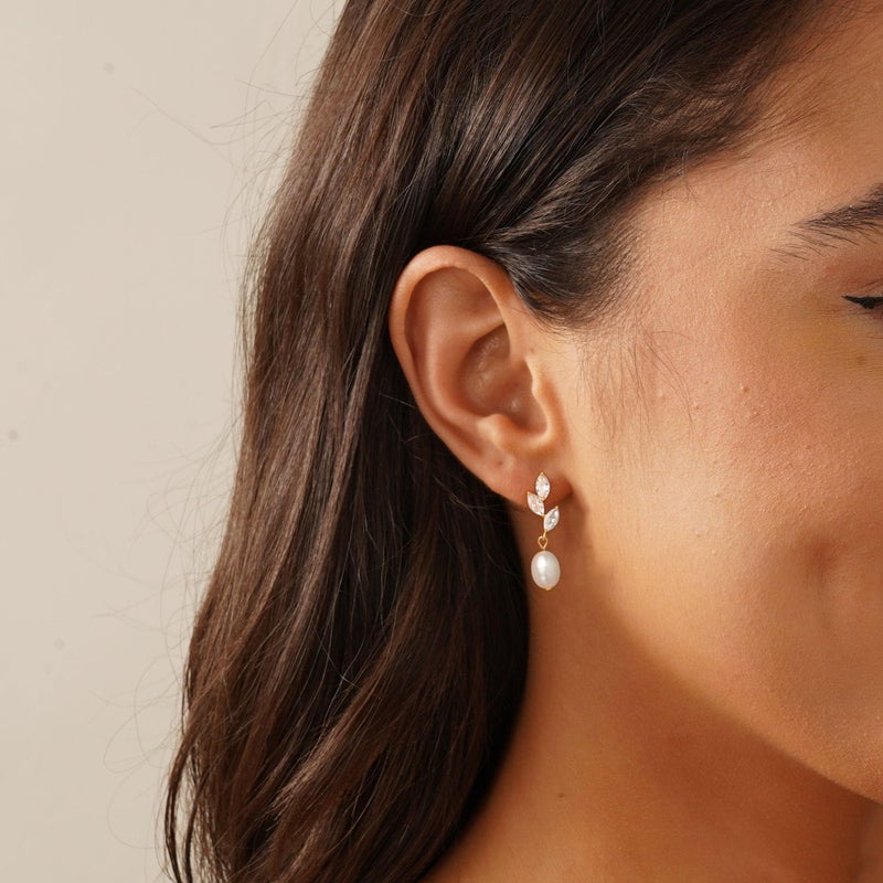 Tituthia Dainty Gold Pearl Earrings for Women, Trendy 14k Gold Filled Freshwater Diamond Leaf Pearl Dangle Drop Earrings Lightweight Hypoallergenic Bridesmaid Earring Wedding Statement Jewelry for Women Gifts - Image 3