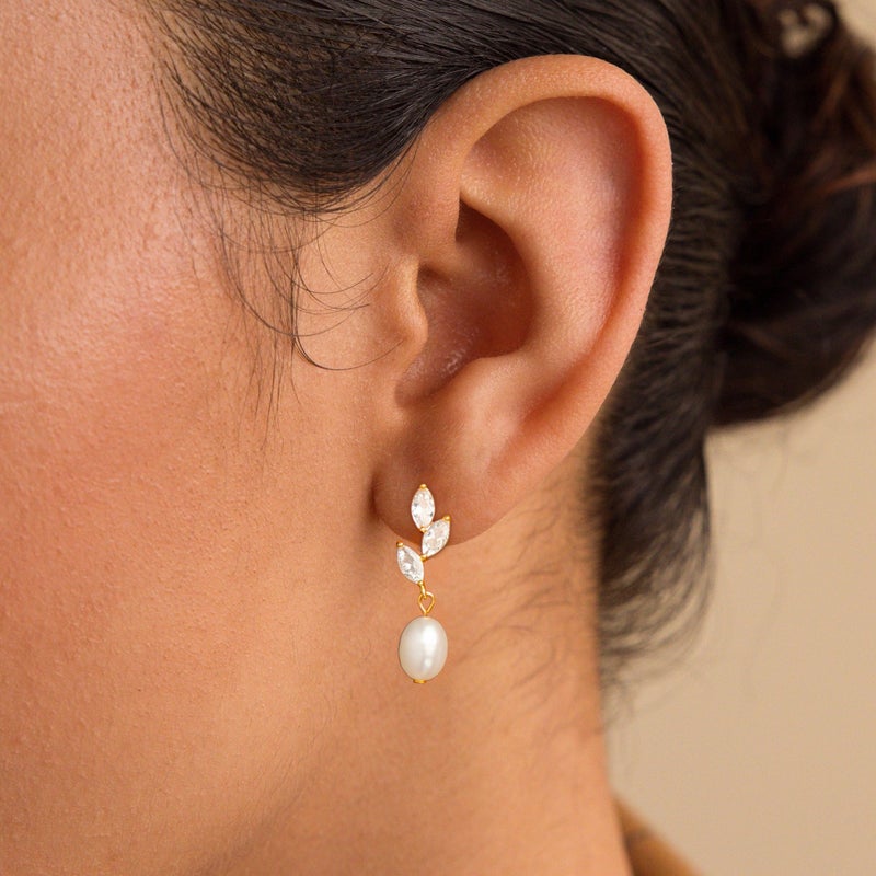 Tituthia Dainty Gold Pearl Earrings for Women, Trendy 14k Gold Filled Freshwater Diamond Leaf Pearl Dangle Drop Earrings Lightweight Hypoallergenic Bridesmaid Earring Wedding Statement Jewelry for Women Gifts - Image 4
