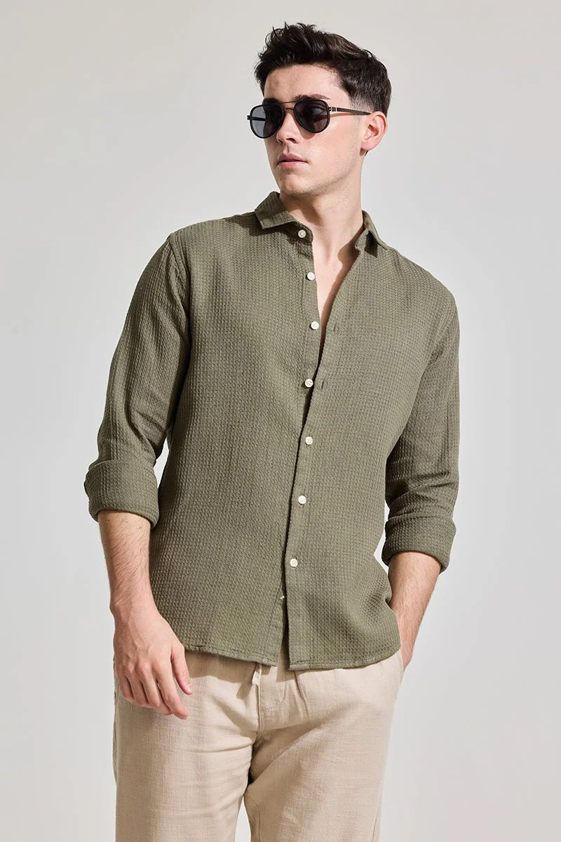 SNITCH Olive Slim Fit Textured Shirt