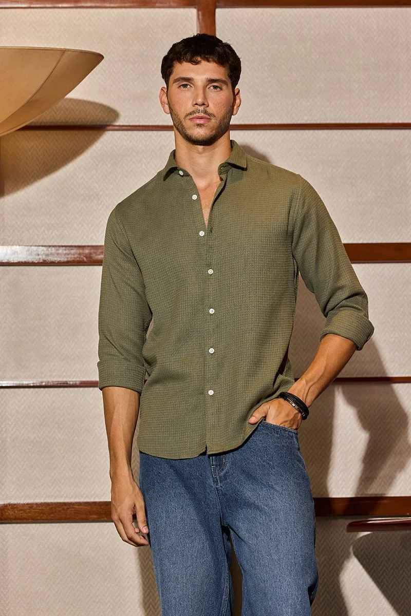 SNITCH Olive Slim Fit Textured Shirt