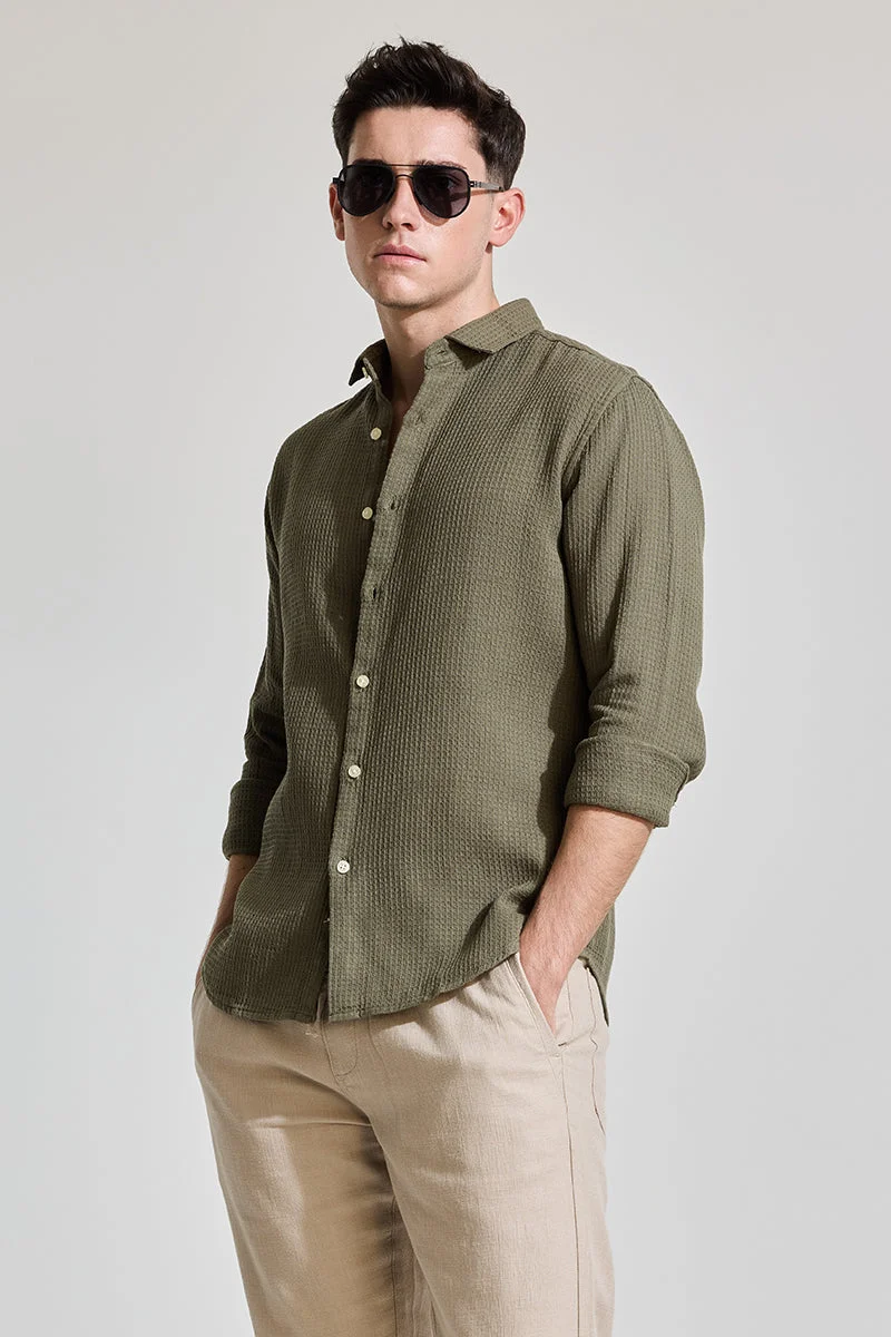 Snitch Olive Olive Slim Fit Textured Shirt for Men | Best Price UAE