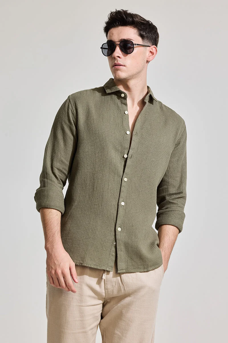 SNITCH Olive Slim Fit Textured Shirt