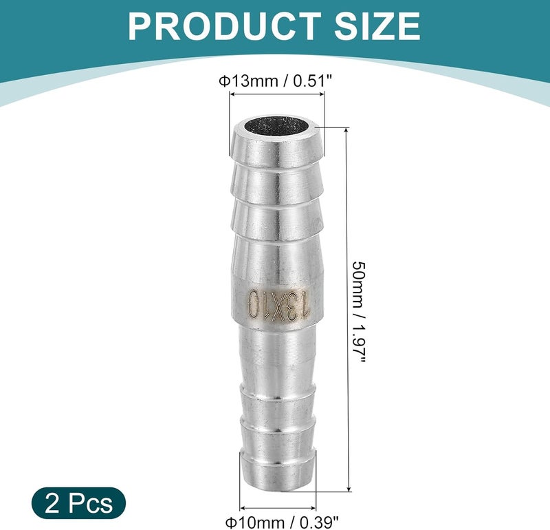 QUARKZMAN 2 pieces diameter 13 x 10 mm hose nozzle reducer pipe fitting, 304 stainless steel hose pipe fitting for vacuum systems, industrial pipe connections, silver - Image 2