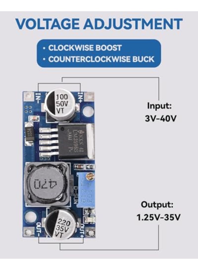 Luckam 10 عبوة من منظم الجهد القابل للتعديل LM2596، وحدة محول DC-DC من نوع Step Down، مدخل واسع 3-40V، خرج 1.5-35V، كفاءة عالية 92%، حماية حرارية، للاستخدام في الإلكترونيات DIY وبنوك الطاقة - Image 3