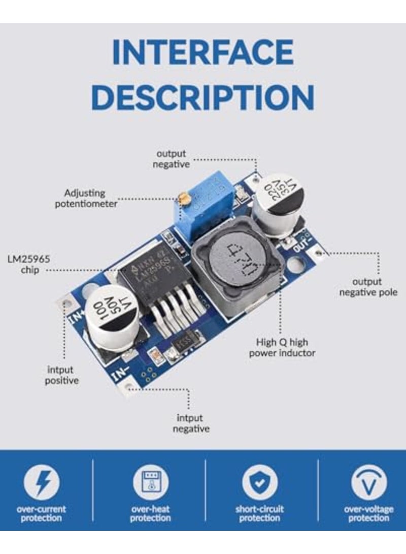 Luckam 10 عبوة من منظم الجهد القابل للتعديل LM2596، وحدة محول DC-DC من نوع Step Down، مدخل واسع 3-40V، خرج 1.5-35V، كفاءة عالية 92%، حماية حرارية، للاستخدام في الإلكترونيات DIY وبنوك الطاقة - Image 2