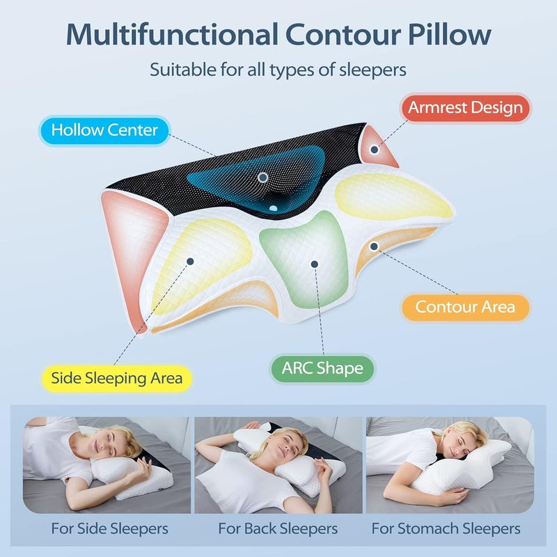 HOMCA Neck Pillow Cervical Memory Foam Pillows for Pain Relief, Orthopedic Contoured for Side, Back, and Stomach Sleepers, Ergonomic Pillow for Bed Sleeping with Breathable Pillowcase (Black) - Image 2