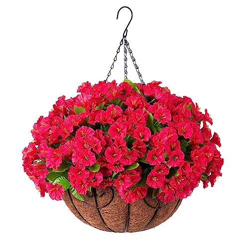 Ammyoo Artificial Hanging Flower Plants with Basket for Outdoor Decoration Faux Petunias Flowers Fake Morning Glory Planter for Outside Patio Garden Porch Balcony Yard DecorRose Red