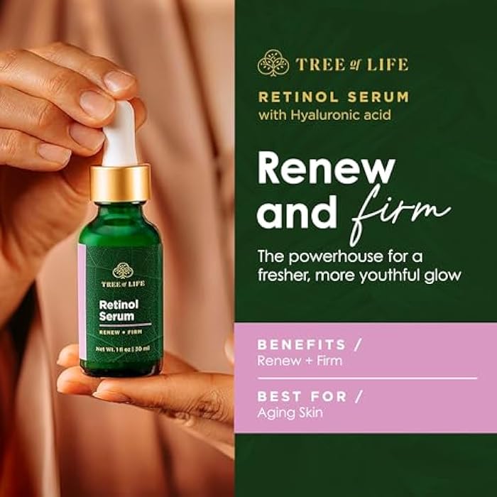 TREE OF LIFE سيروم ريتينول شجرة الحياة للجمال، زيت وجه مهدئ للبشرة للبقع الداكنة وعلامات الشيخوخة والخطوط الدقيقة، سيرومات للوجه للعناية بالبشرة الجافة والحساسة مع حمض الهيالورونيك لبشرة ناعمة وسلسة، 2 أونصة سائلة - Image 2
