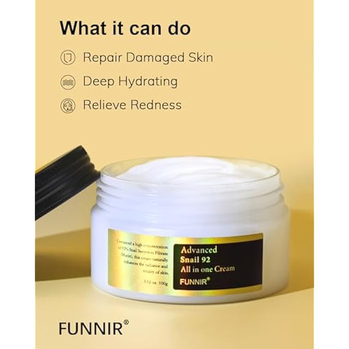 FUNNIR Snail Mucin Moisturizer 92%, Lightweight Moisturing Cream, 100g, Youthful and Radiant Formula, Repair Face Cream for All Skin Types, Skincare Products - Image 5