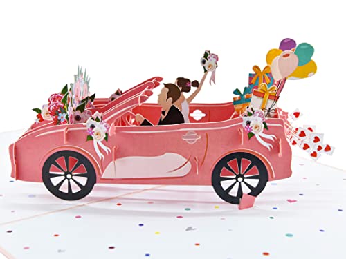 Teabug Cards "Just Married" Pink Cadillac Wedding Car with Bride and Groom Pop Up Card for Marriage, Engagement, Anniversary, Valentines Day - Image 1