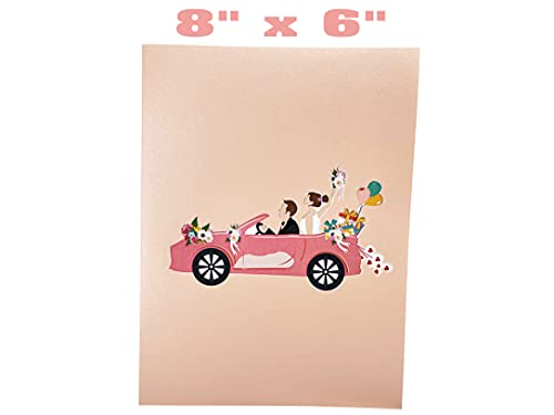 Teabug Cards "Just Married" Pink Cadillac Wedding Car with Bride and Groom Pop Up Card for Marriage, Engagement, Anniversary, Valentines Day - Image 3