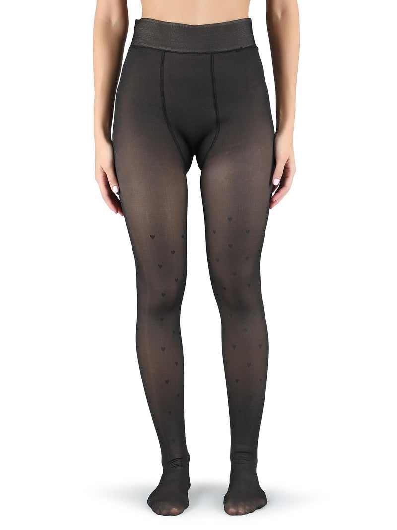 Klassik | Since 1993 | Trending Thick Fleece Heart Design Leggings for Women/Girl (Black/Skin) | Winter Super Warm Fake Translucent Woolen Fur Stockings |Thigh High Cute Lined Sheer Thermal Tights,XXL - Image 1