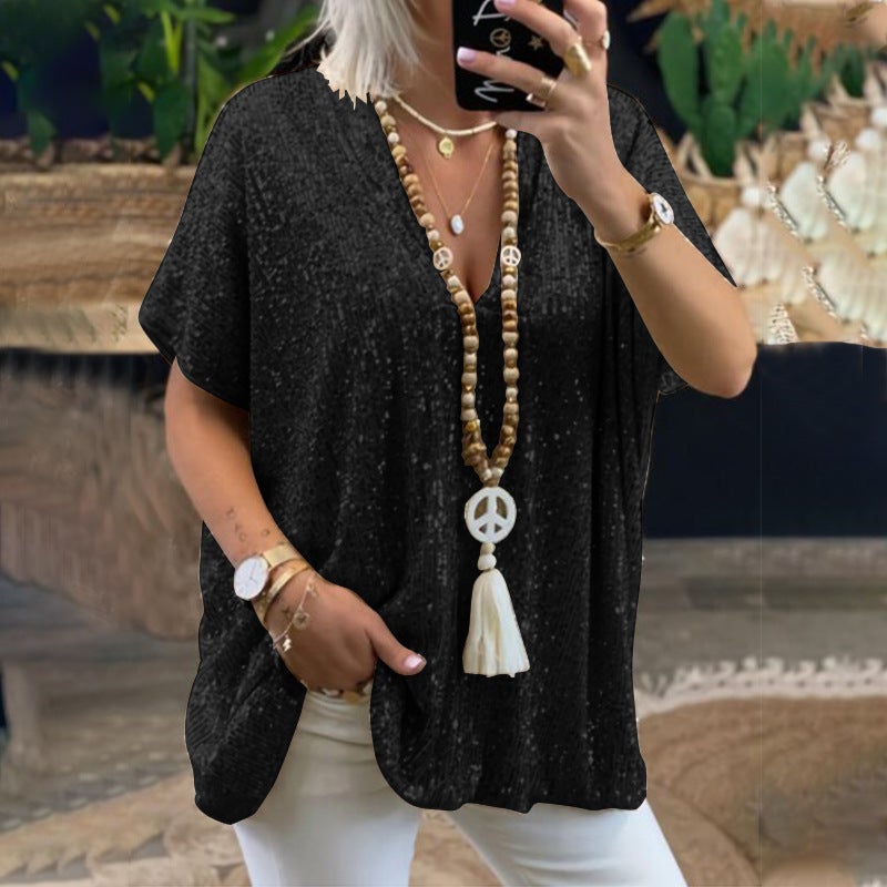 2025 New and Short-Sleeved Urban Casual Color Loose Pullover Sequined V Neck T-Shirt Tops for Women - Image 1
