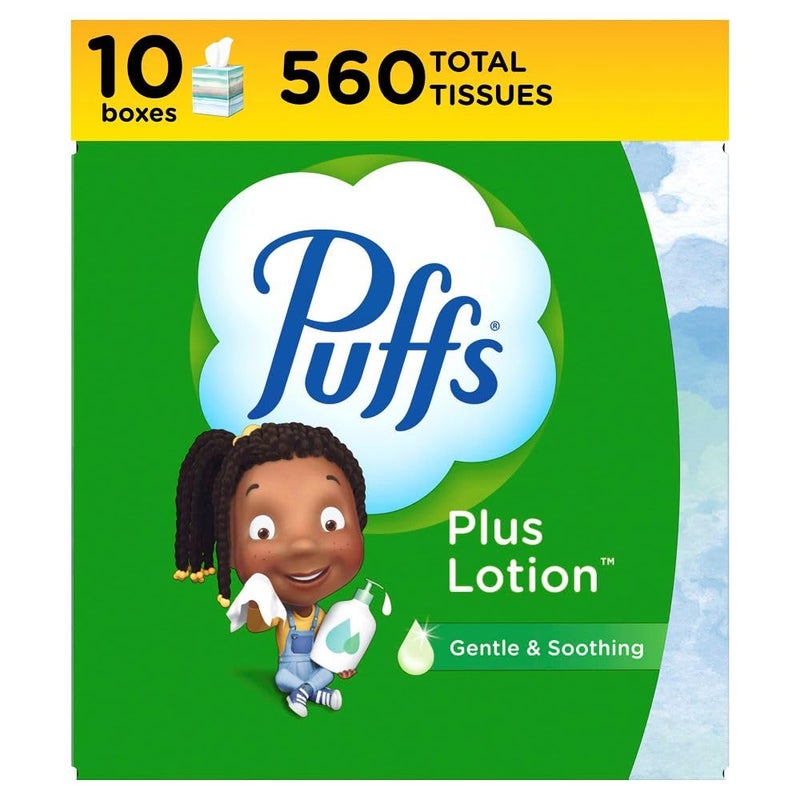 Puffs Plus Lotion Facial Tissues, 10 Cubes, 56 Tissues per Box, Allergies and Colds - Image 1