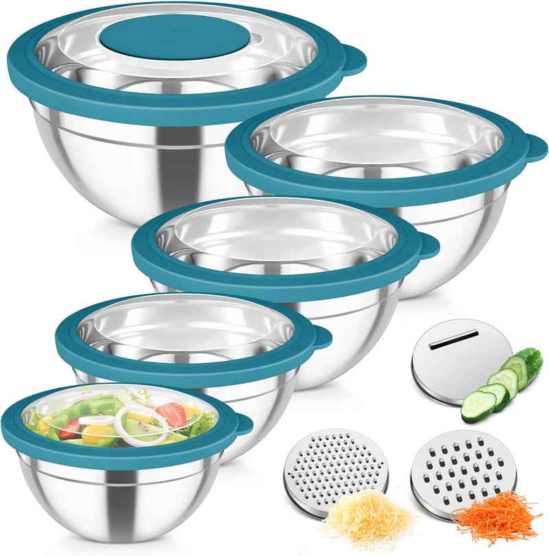 TeamFar Mixing Bowls, Stainless Steel Salad Serving Bowl with Clear Lids & 3 Graters, For Kitchen Cooking Prepping Storing, Size 4.6/2.6/1.5/1/0.7 QT, Nesting & Airtight, Set of 5 & Blue - Image 1