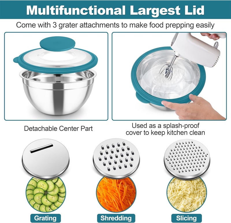 TeamFar Mixing Bowls, Stainless Steel Salad Serving Bowl with Clear Lids & 3 Graters, For Kitchen Cooking Prepping Storing, Size 4.6/2.6/1.5/1/0.7 QT, Nesting & Airtight, Set of 5 & Blue - Image 4