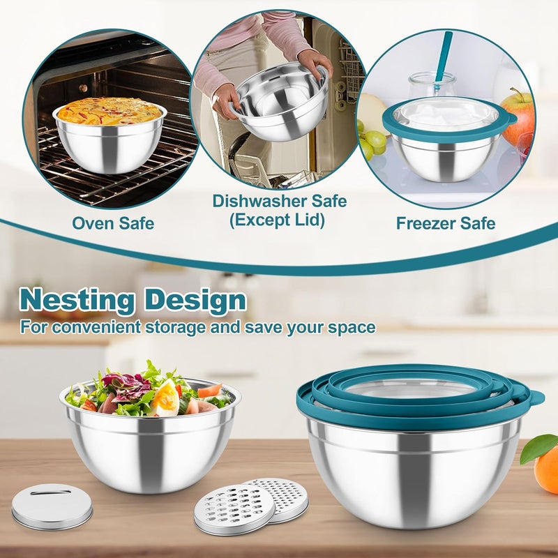TeamFar Mixing Bowls, Stainless Steel Salad Serving Bowl with Clear Lids & 3 Graters, For Kitchen Cooking Prepping Storing, Size 4.6/2.6/1.5/1/0.7 QT, Nesting & Airtight, Set of 5 & Blue - Image 5