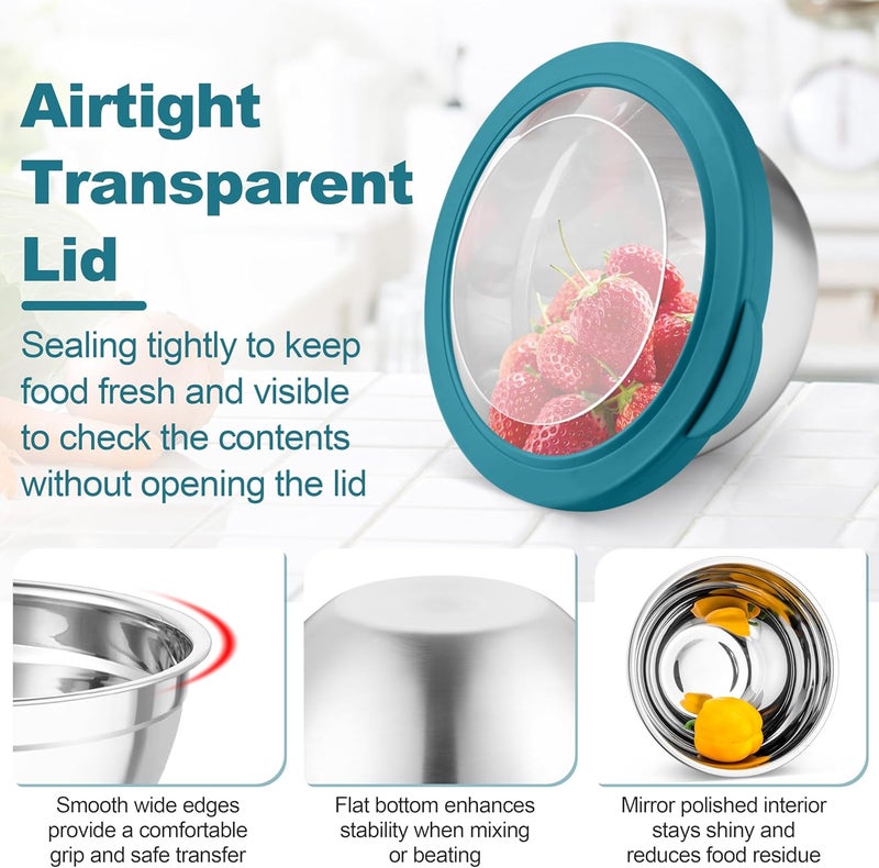 TeamFar Mixing Bowls, Stainless Steel Salad Serving Bowl with Clear Lids & 3 Graters, For Kitchen Cooking Prepping Storing, Size 4.6/2.6/1.5/1/0.7 QT, Nesting & Airtight, Set of 5 & Blue - Image 3