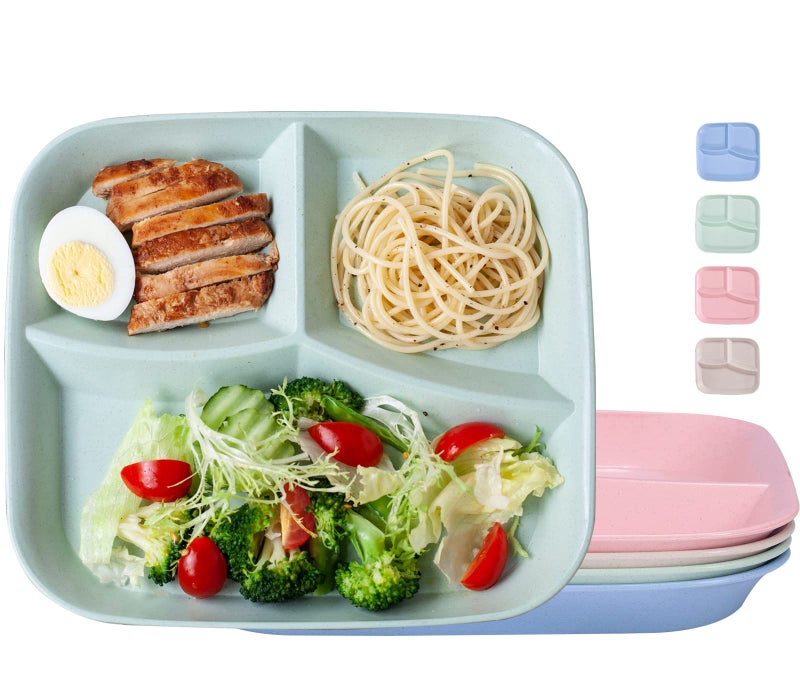 Orrdiffi Dinner Plates 4pcs Unbreakable Divided Plates 3 Sections Portion Control Diet Plate Tray with compartments Plastic Dinner Set Reusable Dishes SetBBA Free Healthy pp for Adults Kids