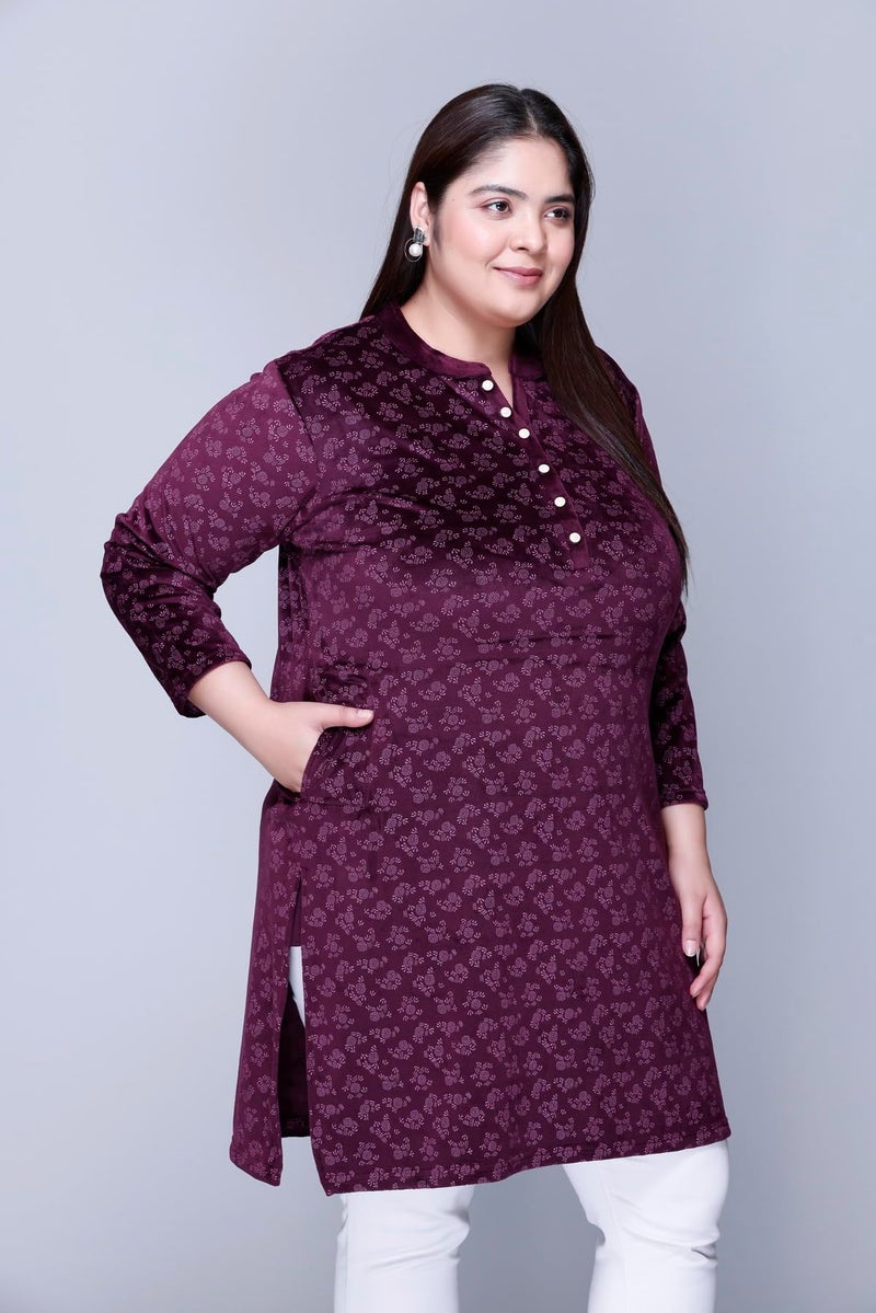 In Love Women's Winter Wear Warm Plus Size Raising Velvet Full Sleeve Regular Fit All Over Printed Kurti, SSA04106_XXL Wine - Image 4