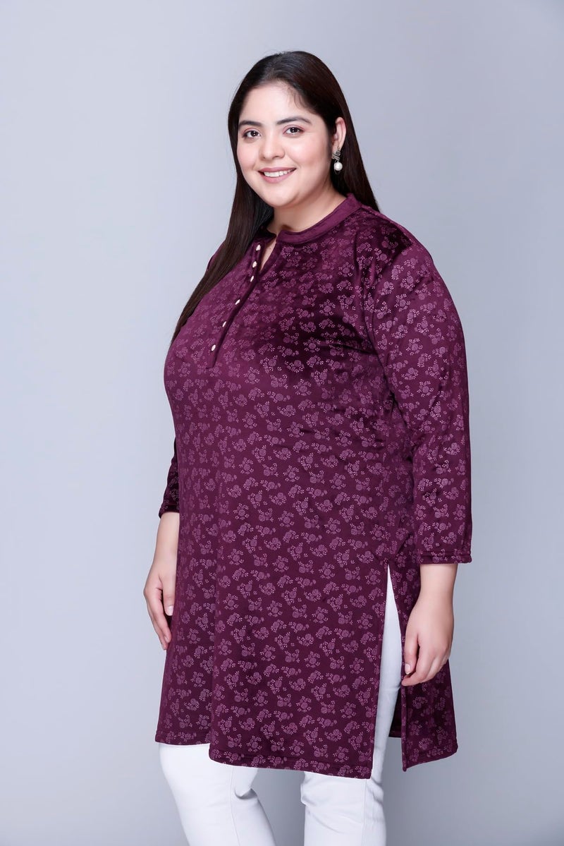 In Love Women's Winter Wear Warm Plus Size Raising Velvet Full Sleeve Regular Fit All Over Printed Kurti, SSA04106_XXL Wine - Image 5