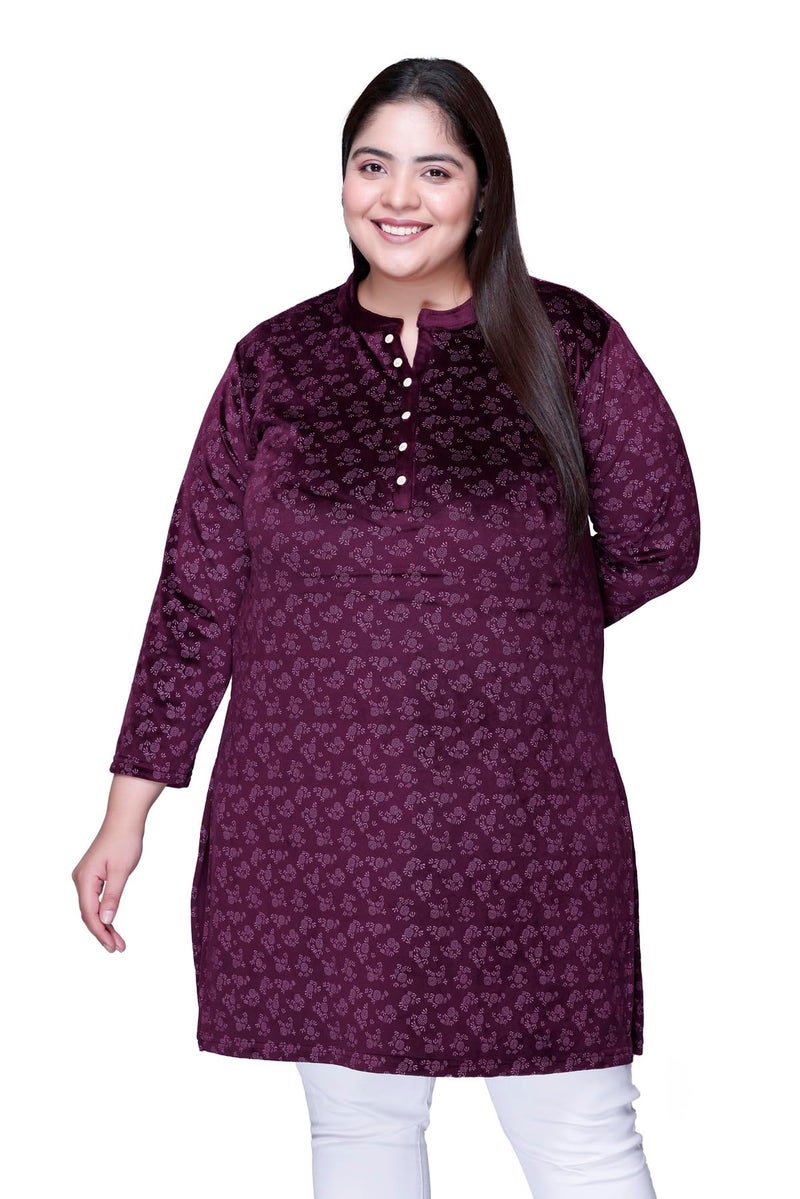 In Love Women's Winter Wear Warm Plus Size Raising Velvet Full Sleeve Regular Fit All Over Printed Kurti, SSA04106_XXL Wine - Image 1