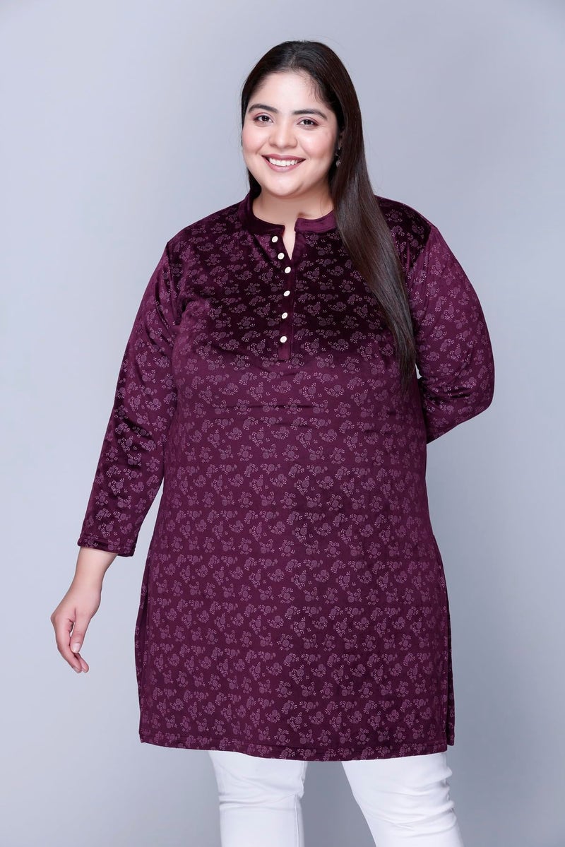 In Love Women's Winter Wear Warm Plus Size Raising Velvet Full Sleeve Regular Fit All Over Printed Kurti, SSA04106_XXL Wine - Image 2