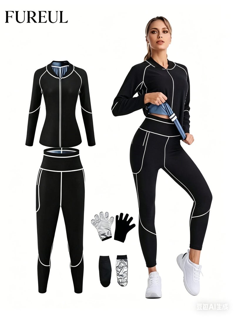 FUREUL Women's Sauna Suit Is Made of Stretchy Skin-Friendly Warm and Breathable Fabric Ensuring Comfortable Wear and Effectively Locking in Body Heat. It Can Increase Perspiration by Up to Three Times During Exercise and Is Suitable for Various Sports. It Includes a Zip-Up Jacket High-Waisted Pants Gloves and Socks. - Image 1