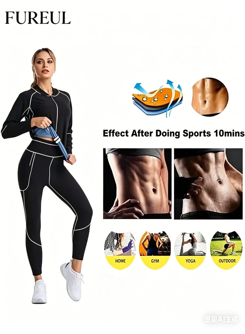FUREUL Women's Sauna Suit Is Made of Stretchy Skin-Friendly Warm and Breathable Fabric Ensuring Comfortable Wear and Effectively Locking in Body Heat. It Can Increase Perspiration by Up to Three Times During Exercise and Is Suitable for Various Sports. It Includes a Zip-Up Jacket High-Waisted Pants Gloves and Socks. - Image 2