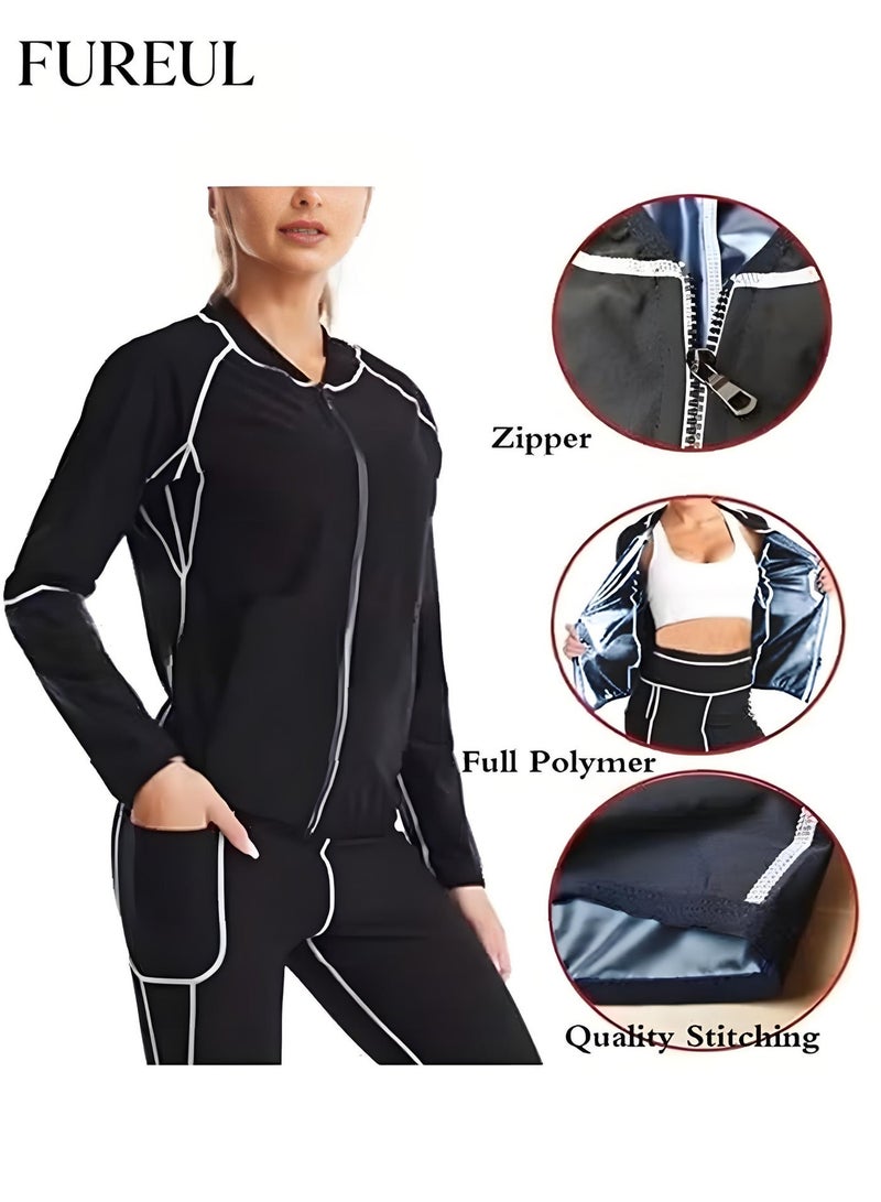 FUREUL Women's Sauna Suit Is Made of Stretchy Skin-Friendly Warm and Breathable Fabric Ensuring Comfortable Wear and Effectively Locking in Body Heat. It Can Increase Perspiration by Up to Three Times During Exercise and Is Suitable for Various Sports. It Includes a Zip-Up Jacket High-Waisted Pants Gloves and Socks. - Image 5